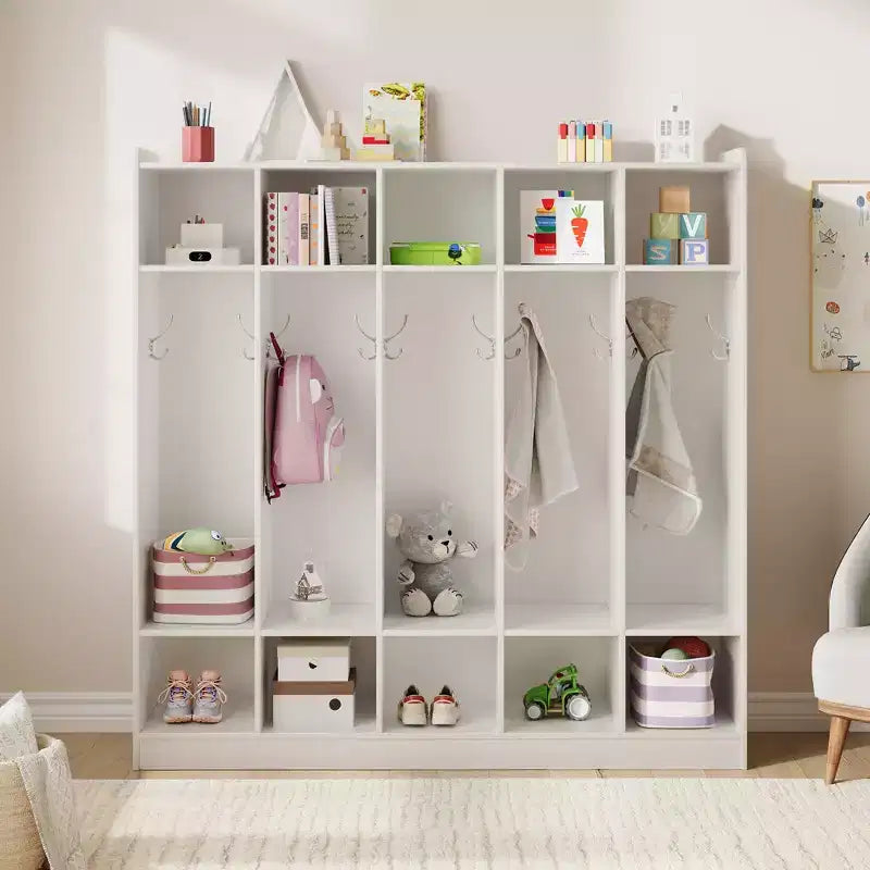 Vestiaire à 5 sections avec 10 casiers et crochets - Organisateur de rangement spacieux pour enfants, salle de classe, crèche, maternelle