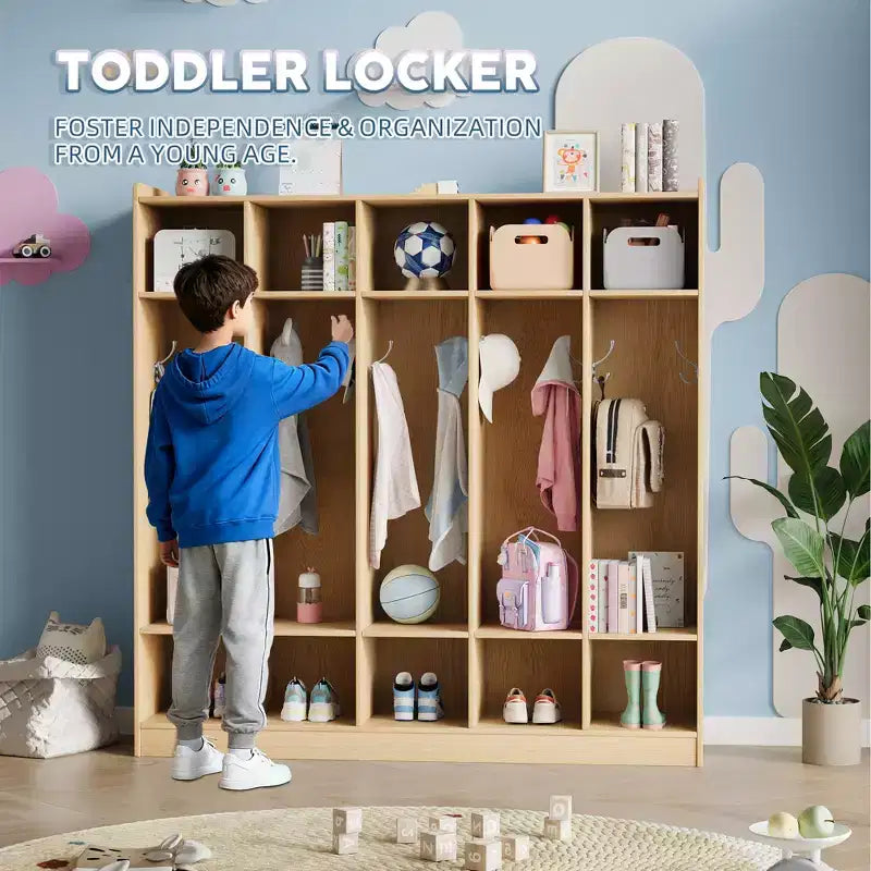 Vestiaire à 5 sections avec 10 casiers et crochets - Organisateur de rangement spacieux pour enfants, salle de classe, crèche, maternelle