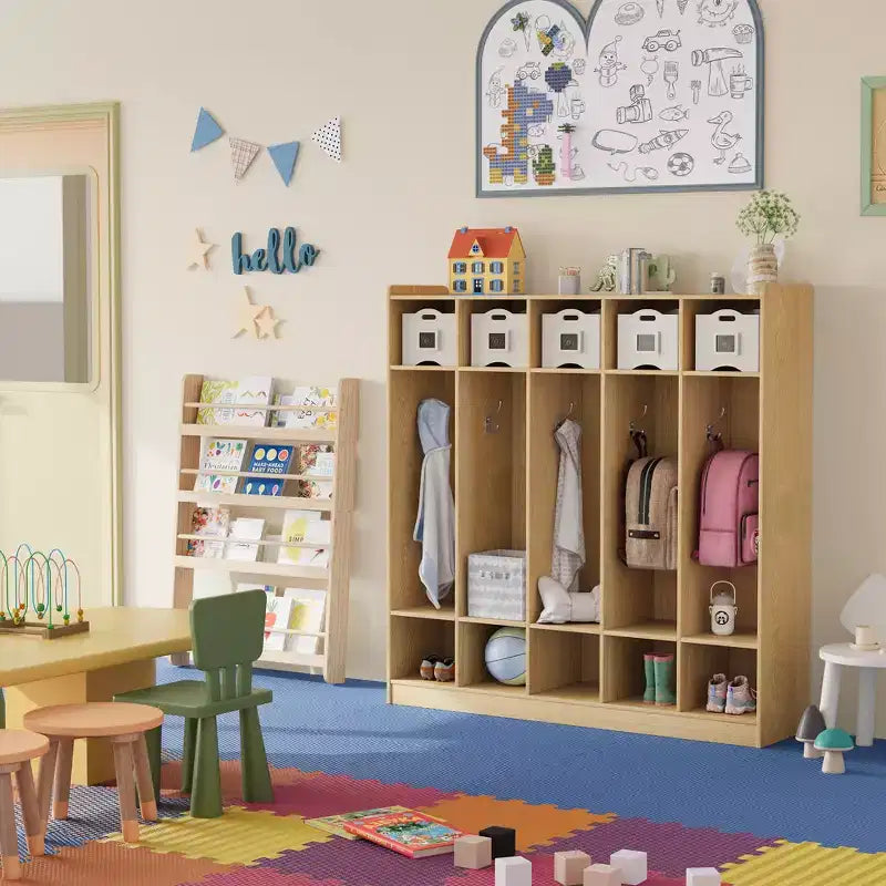 Vestiaire à 5 sections avec 10 casiers et crochets - Organisateur de rangement spacieux pour enfants, salle de classe, crèche, maternelle