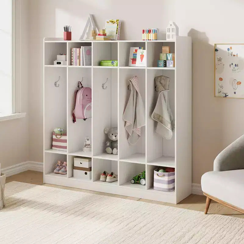 Vestiaire à 5 sections avec 10 casiers et crochets - Organisateur de rangement spacieux pour enfants, salle de classe, crèche, maternelle