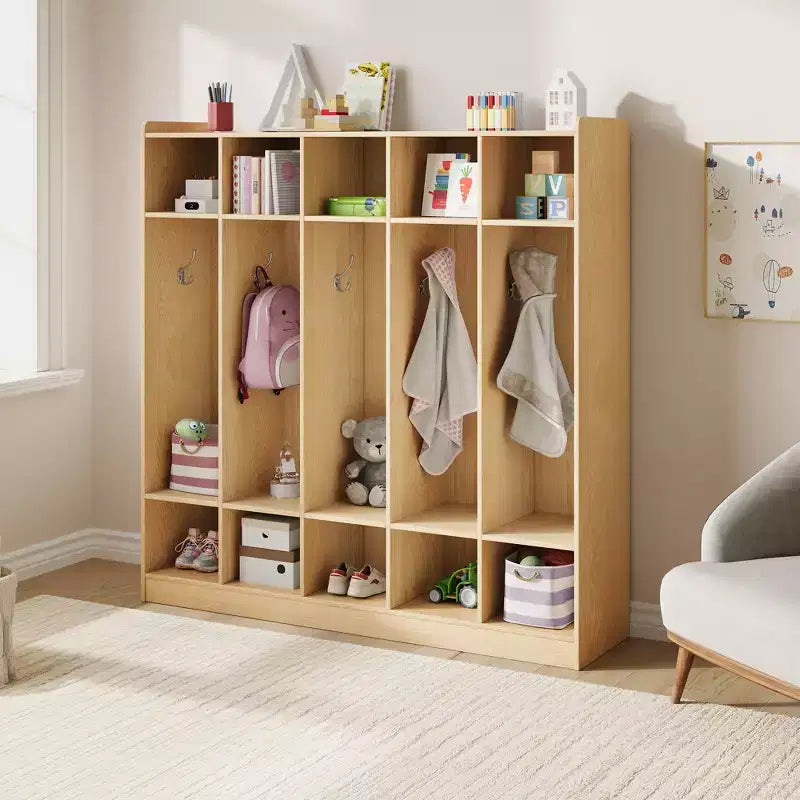 Vestiaire à 5 sections avec 10 casiers et crochets - Organisateur de rangement spacieux pour enfants, salle de classe, crèche, maternelle