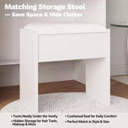 Coiffeuse Moderne avec 2 Tiroirs, Étagères Ouvertes, Station de Recharge, Ports USB, Prises Électriques, Tabouret Rembourré – Ensemble Coiffeuse pour Chambre