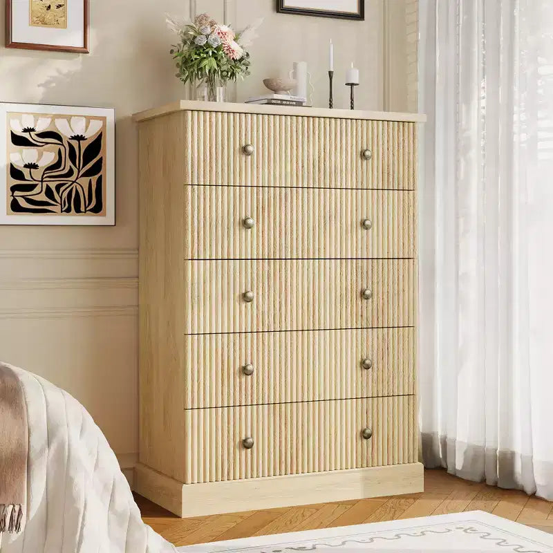 Commode haute 5 tiroirs peu encombrante pour chambre à coucher – Armoire verticale moderne, meuble de rangement spacieux – Idéal pour les vêtements et l'organisation de la maison