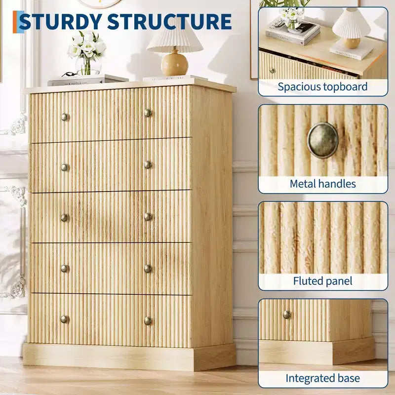 Commode haute 5 tiroirs peu encombrante pour chambre à coucher – Armoire verticale moderne, meuble de rangement spacieux – Idéal pour les vêtements et l'organisation de la maison