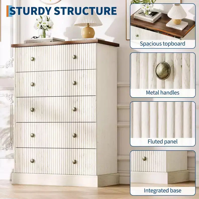 Commode haute 5 tiroirs peu encombrante pour chambre à coucher – Armoire verticale moderne, meuble de rangement spacieux – Idéal pour les vêtements et l'organisation de la maison