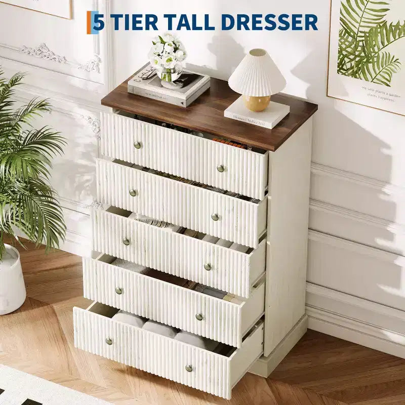Commode haute 5 tiroirs peu encombrante pour chambre à coucher – Armoire verticale moderne, meuble de rangement spacieux – Idéal pour les vêtements et l'organisation de la maison