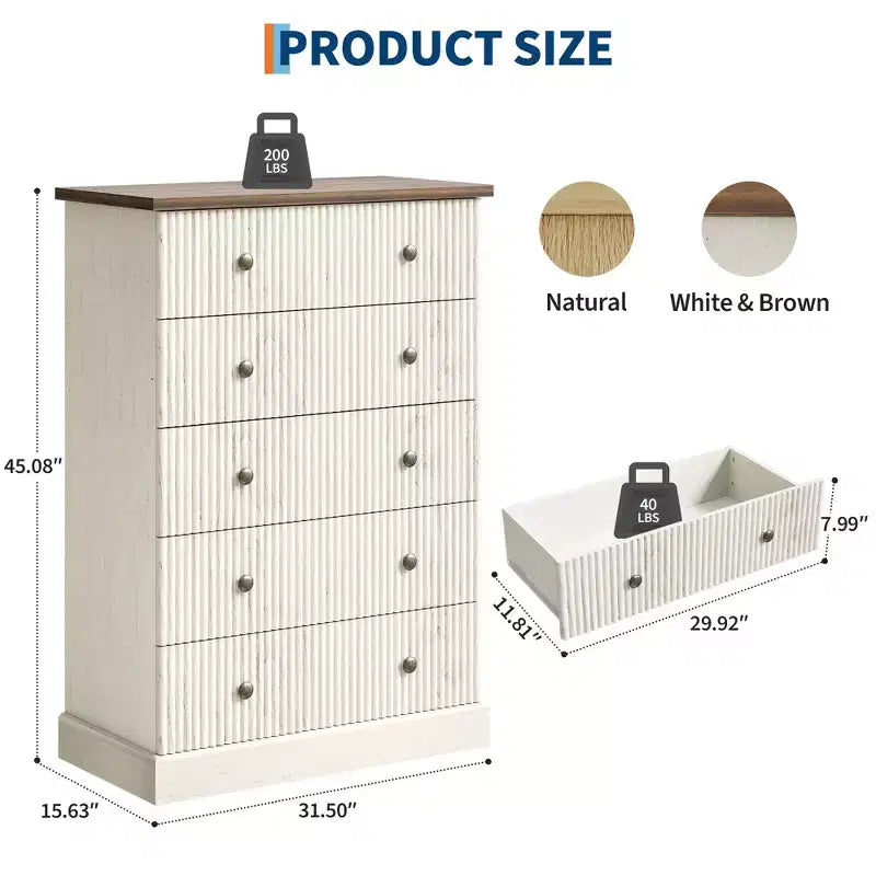 Commode haute 5 tiroirs peu encombrante pour chambre à coucher – Armoire verticale moderne, meuble de rangement spacieux – Idéal pour les vêtements et l'organisation de la maison