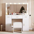 Vanity Desk with Large Mirror and Lights, Makeup Vanity Desk with 3 Color Lighting, 3 Drawers, 2 Cabinets, Power Outlets, Hair Dryer Rack, White