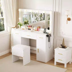 Coiffeuse avec grand miroir et lumières, coiffeuse de maquillage avec éclairage 3 couleurs, 3 tiroirs, 2 armoires, prises de courant, support pour sèche-cheveux, blanc
