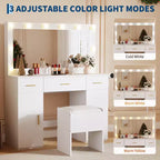 Coiffeuse avec grand miroir et lumières, coiffeuse de maquillage avec éclairage 3 couleurs, 3 tiroirs, 2 armoires, prises de courant, support pour sèche-cheveux, blanc