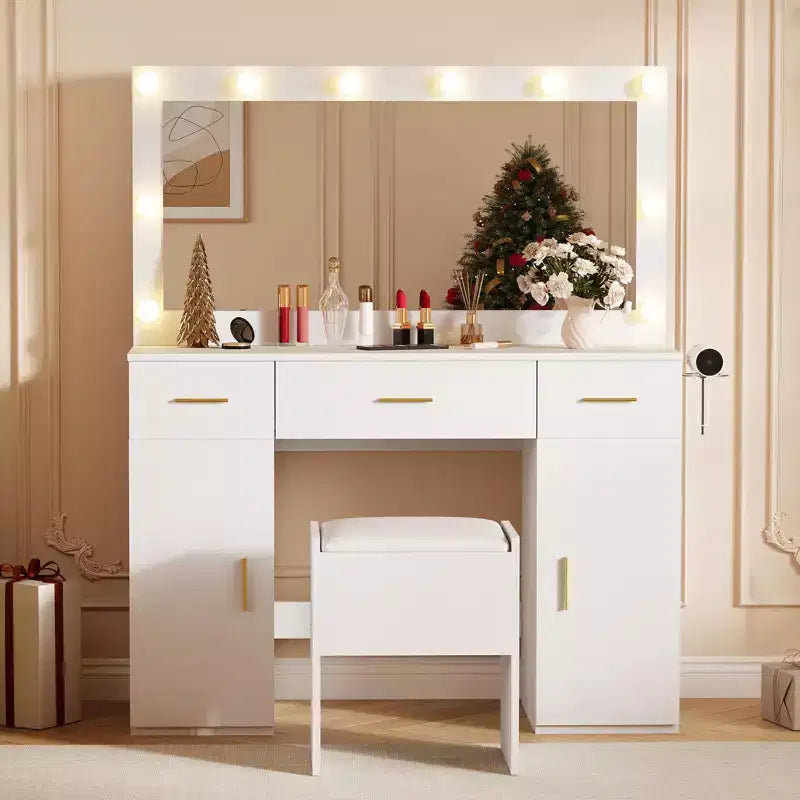 Coiffeuse avec grand miroir et lumières, coiffeuse de maquillage avec éclairage 3 couleurs, 3 tiroirs, 2 armoires, prises de courant, support pour sèche-cheveux, blanc