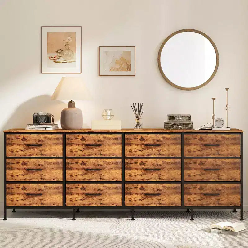 COZONY 70.8 Commode en Tissu à 12 Tiroirs Meuble TV pour Téléviseurs de 65 à 80 Pouces, Grand Organiseur de Rangement avec Dessus en Bois pour Chambre à Coucher