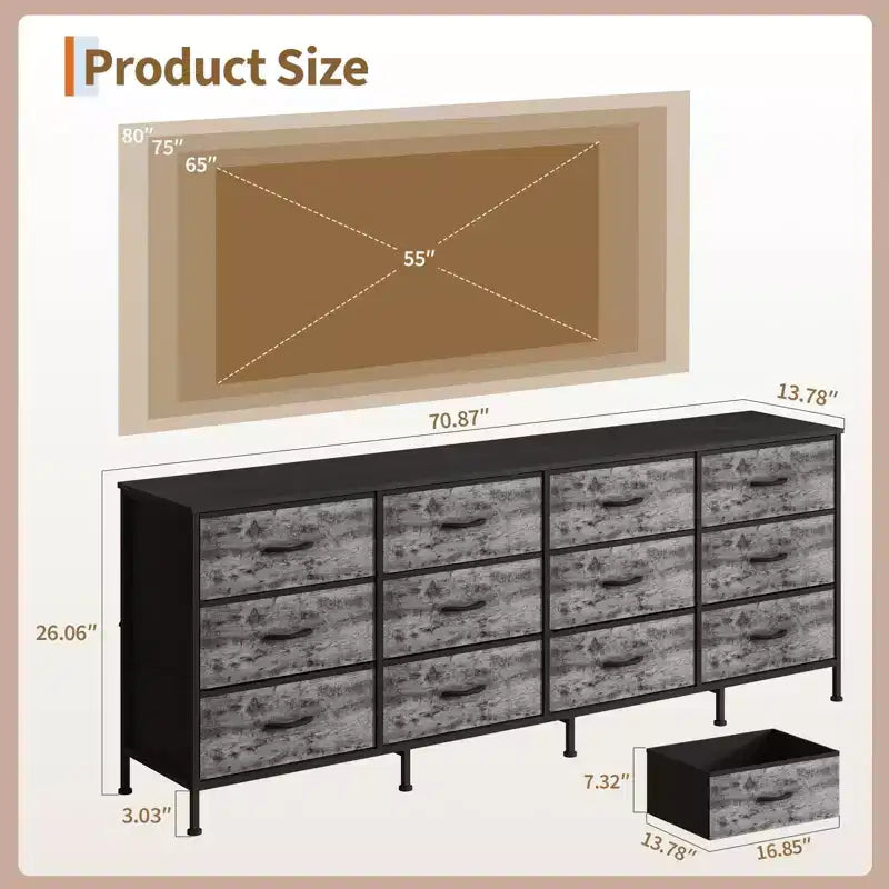 COZONY 70.8 Commode en Tissu à 12 Tiroirs Meuble TV pour Téléviseurs de 65 à 80 Pouces, Grand Organiseur de Rangement avec Dessus en Bois pour Chambre à Coucher