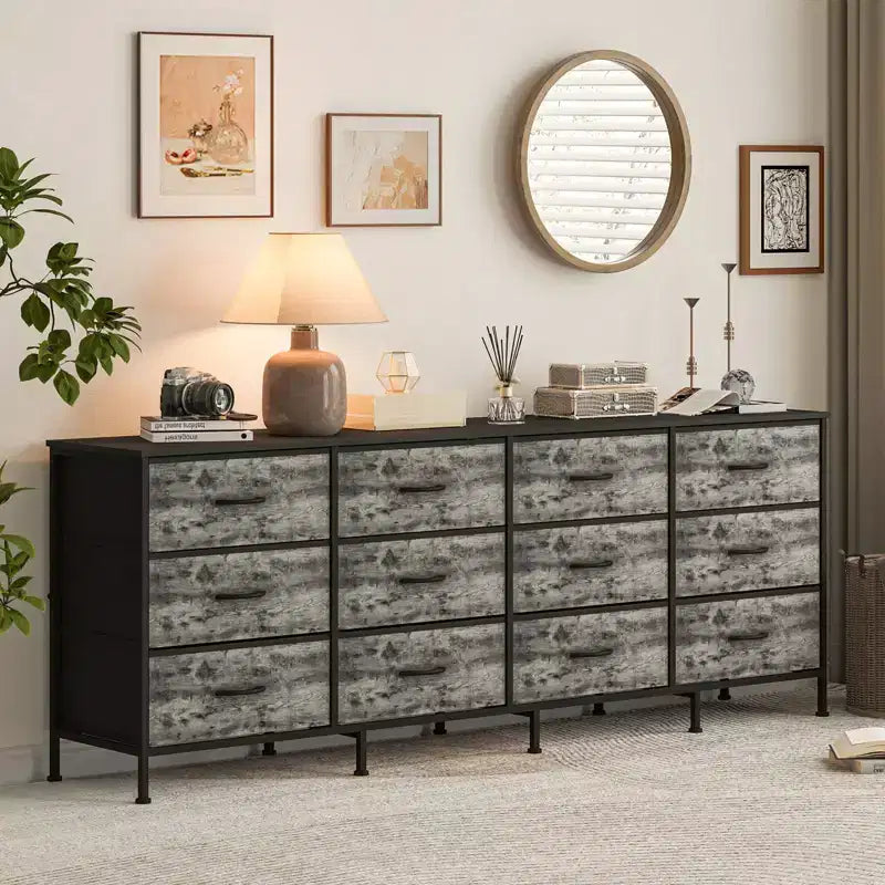 COZONY 70.8 Commode en Tissu à 12 Tiroirs Meuble TV pour Téléviseurs de 65 à 80 Pouces, Grand Organiseur de Rangement avec Dessus en Bois pour Chambre à Coucher