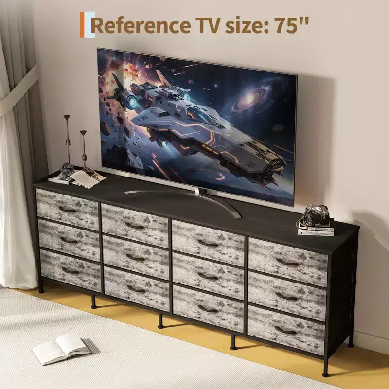 COZONY 70.8 Commode en Tissu à 12 Tiroirs Meuble TV pour Téléviseurs de 65 à 80 Pouces, Grand Organiseur de Rangement avec Dessus en Bois pour Chambre à Coucher