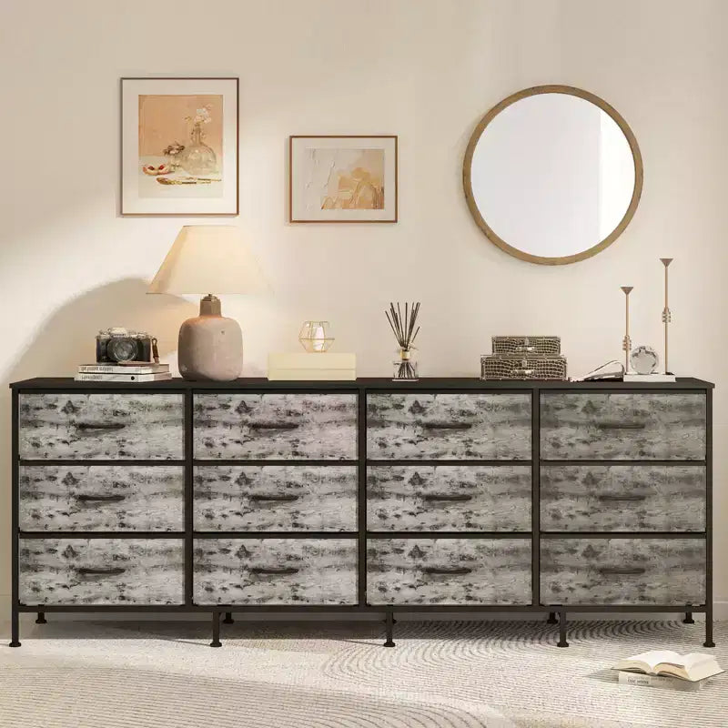 COZONY 70.8 Commode en Tissu à 12 Tiroirs Meuble TV pour Téléviseurs de 65 à 80 Pouces, Grand Organiseur de Rangement avec Dessus en Bois pour Chambre à Coucher
