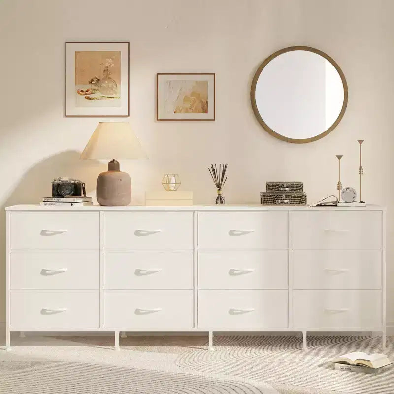COZONY 70.8 Commode en Tissu à 12 Tiroirs Meuble TV pour Téléviseurs de 65 à 80 Pouces, Grand Organiseur de Rangement avec Dessus en Bois pour Chambre à Coucher