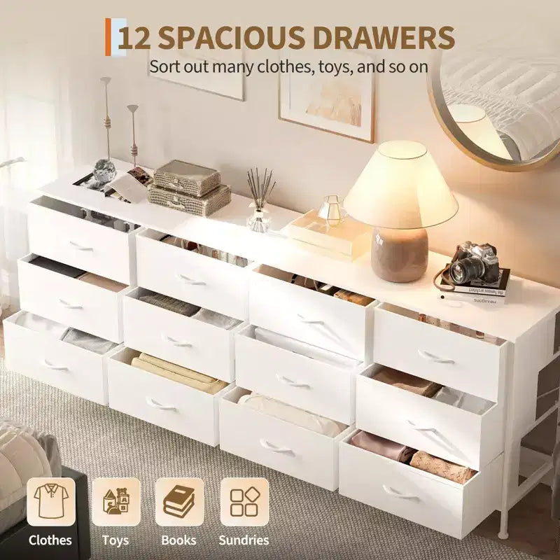 COZONY 70.8 Commode en Tissu à 12 Tiroirs Meuble TV pour Téléviseurs de 65 à 80 Pouces, Grand Organiseur de Rangement avec Dessus en Bois pour Chambre à Coucher
