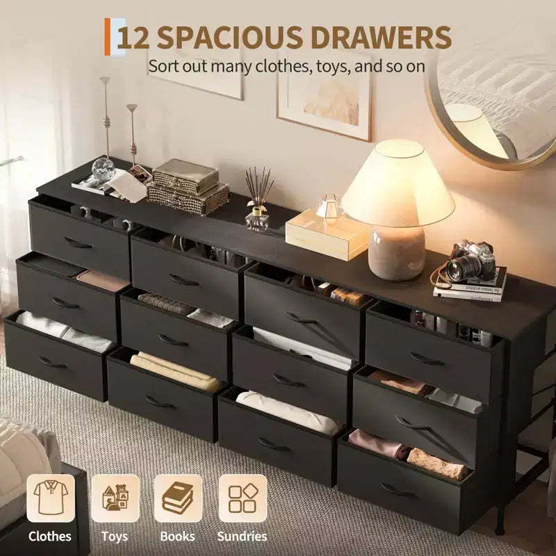 COZONY 70.8 Commode en Tissu à 12 Tiroirs Meuble TV pour Téléviseurs de 65 à 80 Pouces, Grand Organiseur de Rangement avec Dessus en Bois pour Chambre à Coucher