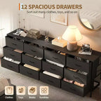 COZONY 70.8 Commode en Tissu à 12 Tiroirs Meuble TV pour Téléviseurs de 65 à 80 Pouces, Grand Organiseur de Rangement avec Dessus en Bois pour Chambre à Coucher