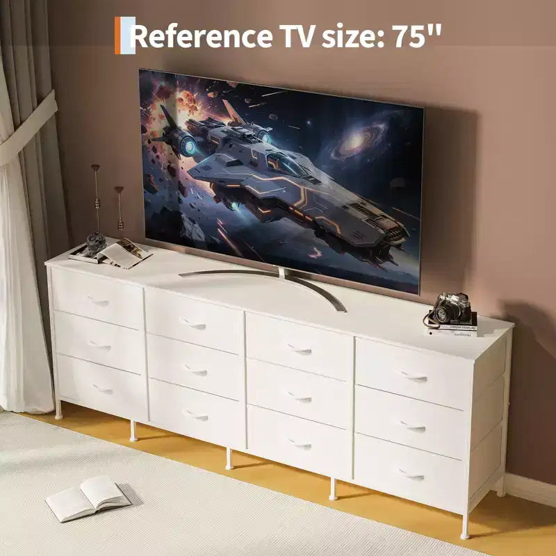 COZONY 70.8 Commode en Tissu à 12 Tiroirs Meuble TV pour Téléviseurs de 65 à 80 Pouces, Grand Organiseur de Rangement avec Dessus en Bois pour Chambre à Coucher