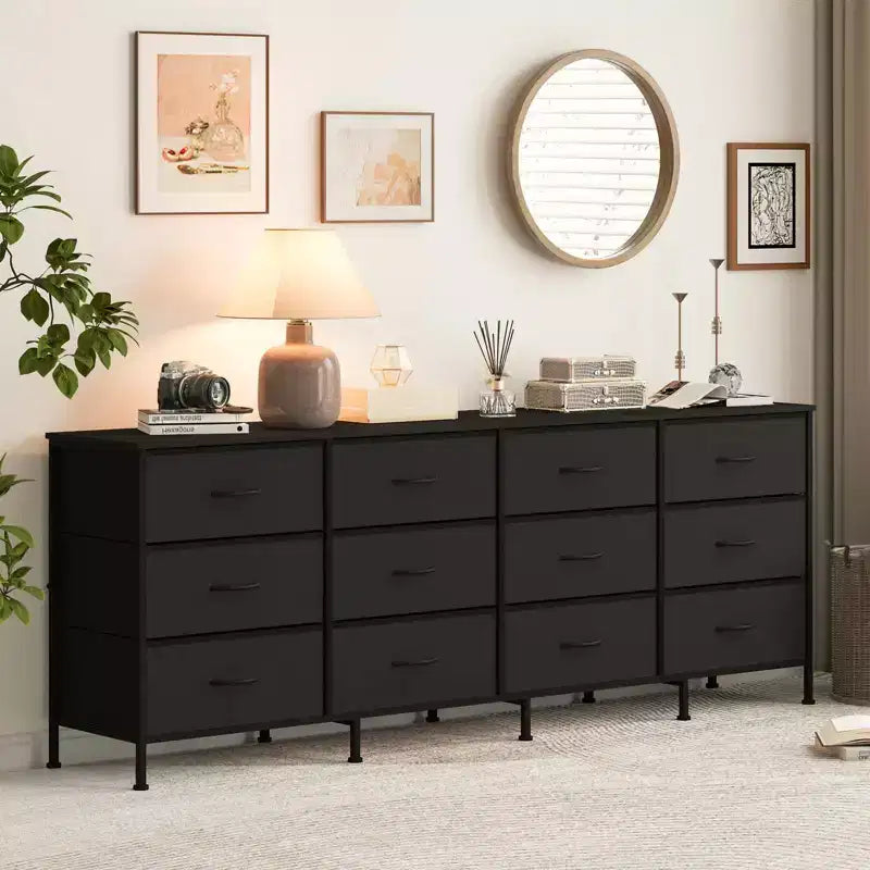 COZONY 70.8 Commode en Tissu à 12 Tiroirs Meuble TV pour Téléviseurs de 65 à 80 Pouces, Grand Organiseur de Rangement avec Dessus en Bois pour Chambre à Coucher
