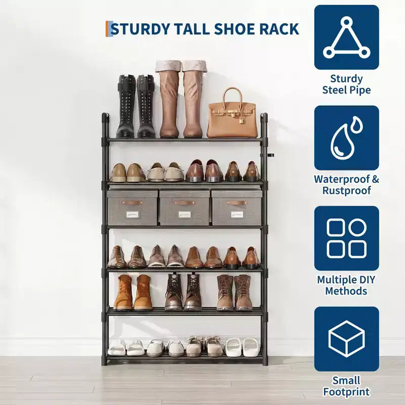 Étagère à chaussures à 6 niveaux, organisateur de chaussures vertical en métal peu encombrant avec étagères en tissu amovibles, étagère à chaussures d'angle pour placard, entrée, chambre, salon