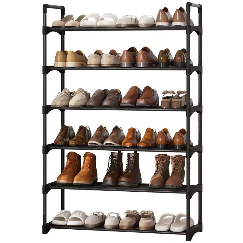 Étagère à chaussures à 6 niveaux, organisateur de chaussures vertical en métal peu encombrant avec étagères en tissu amovibles, étagère à chaussures d'angle pour placard, entrée, chambre, salon