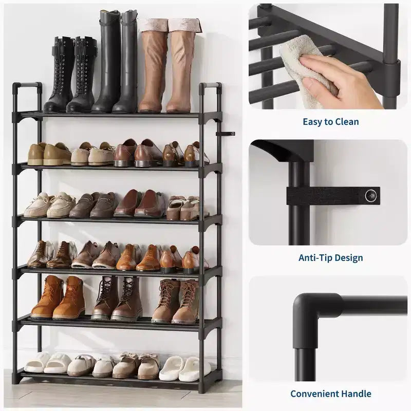 Étagère à chaussures à 6 niveaux, organisateur de chaussures vertical en métal peu encombrant avec étagères en tissu amovibles, étagère à chaussures d'angle pour placard, entrée, chambre, salon