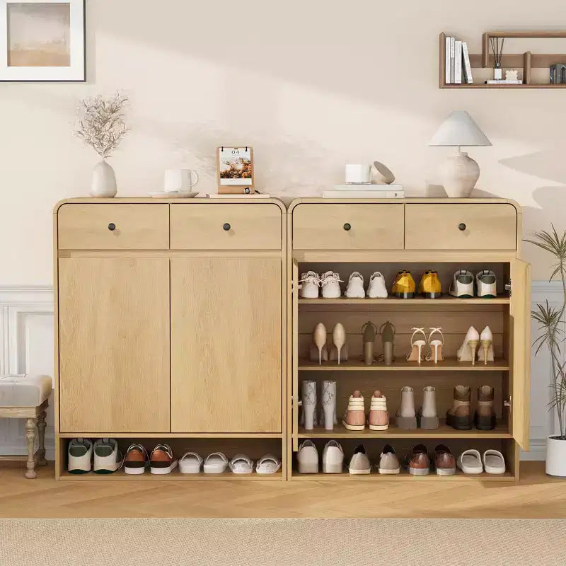 Meuble de rangement pour chaussures, meuble d'entrée autoportant avec coin arrondi, meuble étroit de grande capacité pour couloir, salon, chêne naturel