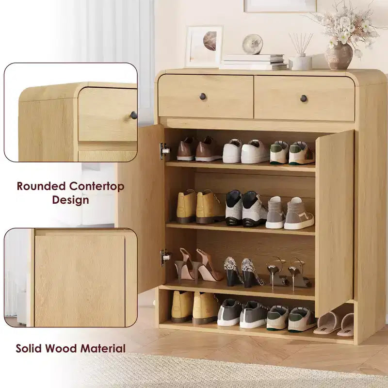 Meuble de rangement pour chaussures, meuble d'entrée autoportant avec coin arrondi, meuble étroit de grande capacité pour couloir, salon, chêne naturel