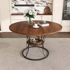 JVNOXK 43 Expandable Round Dining Table for 4-6 People, Extendable to 59 Farmhouse Kitchen Table with Storage Shelf & Metal Base, Brown & Black