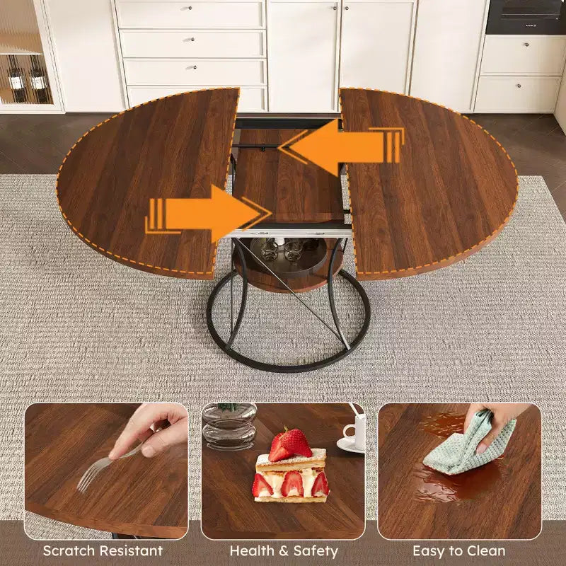 JVNOXK 43 Table à manger ronde extensible pour 4-6 personnes, extensible jusqu'à 59 Table de cuisine de ferme avec étagère de rangement et base en métal, marron et noir