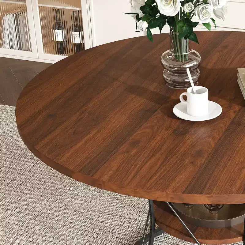 JVNOXK 43 Table à manger ronde extensible pour 4-6 personnes, extensible jusqu'à 59 Table de cuisine de ferme avec étagère de rangement et base en métal, marron et noir