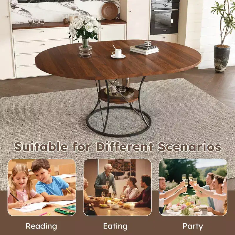JVNOXK 43 Table à manger ronde extensible pour 4-6 personnes, extensible jusqu'à 59 Table de cuisine de ferme avec étagère de rangement et base en métal, marron et noir