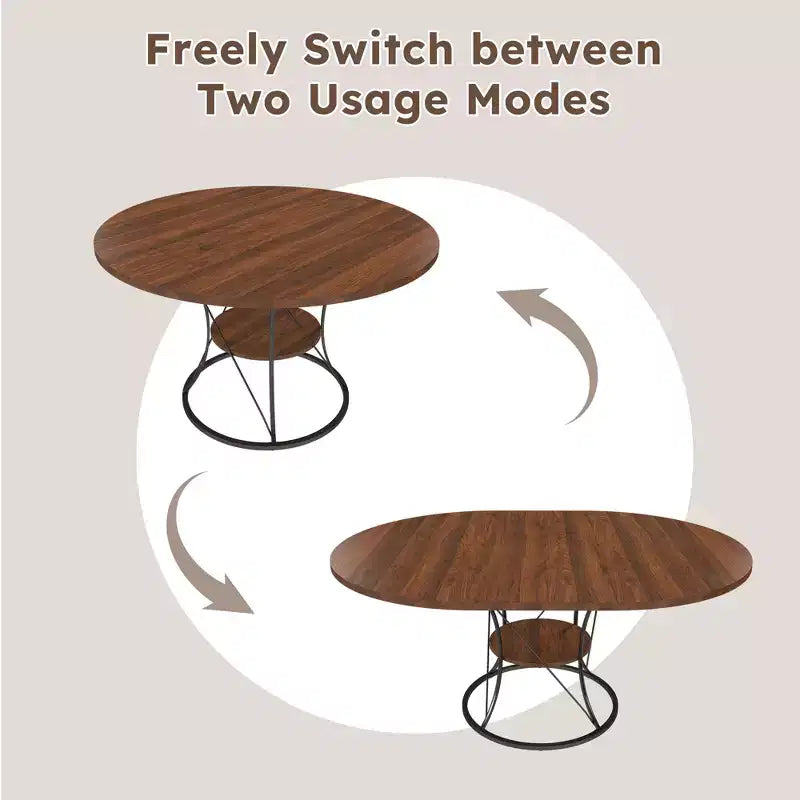 JVNOXK 43 Table à manger ronde extensible pour 4-6 personnes, extensible jusqu'à 59 Table de cuisine de ferme avec étagère de rangement et base en métal, marron et noir