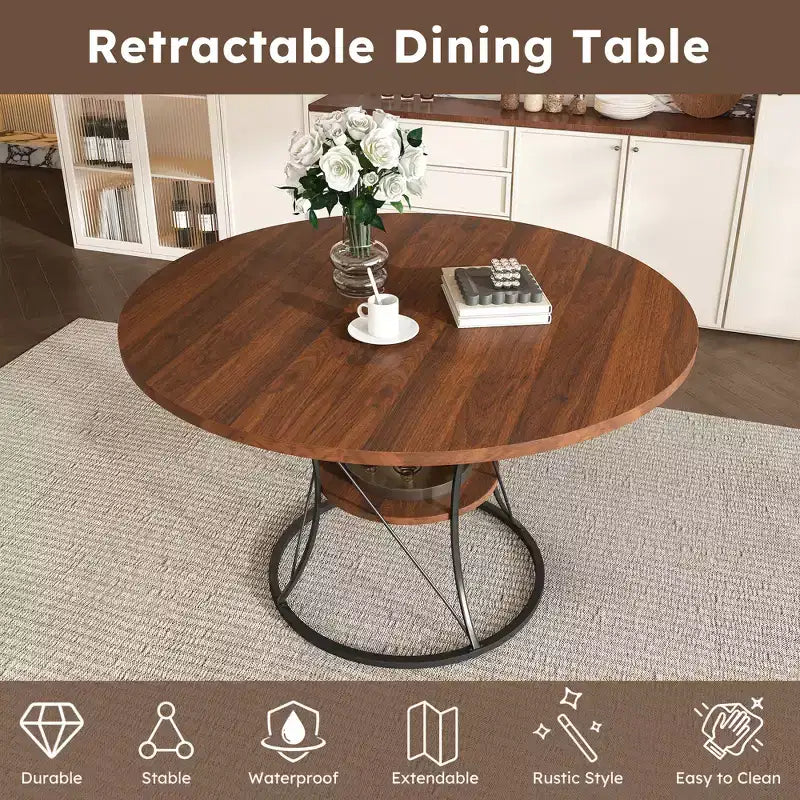 JVNOXK 43 Table à manger ronde extensible pour 4-6 personnes, extensible jusqu'à 59 Table de cuisine de ferme avec étagère de rangement et base en métal, marron et noir