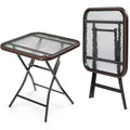 VINGLI 23.6in Modern Brown Rattan Folding Glass Outdoor Side Table, Small Patio Table with Tempered Glass Top