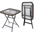 VINGLI 23.6in Modern Brown Rattan Folding Glass Outdoor Side Table, Small Patio Table with Tempered Glass Top