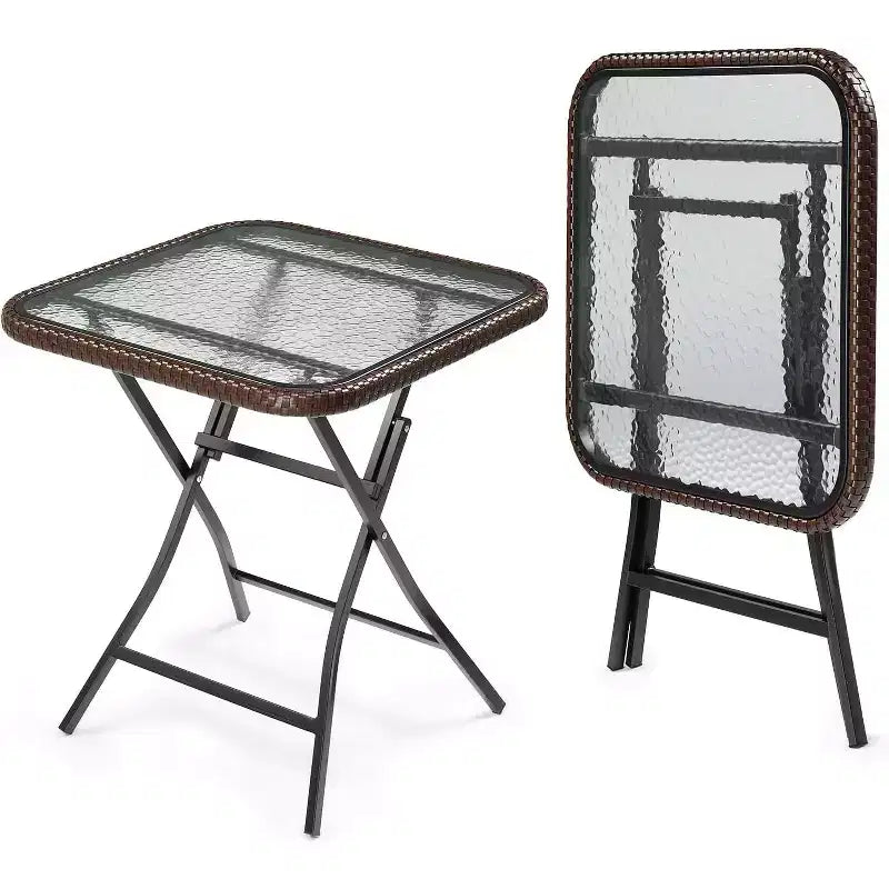 VINGLI 23.6in Modern Brown Rattan Folding Glass Outdoor Side Table, Small Patio Table with Tempered Glass Top
