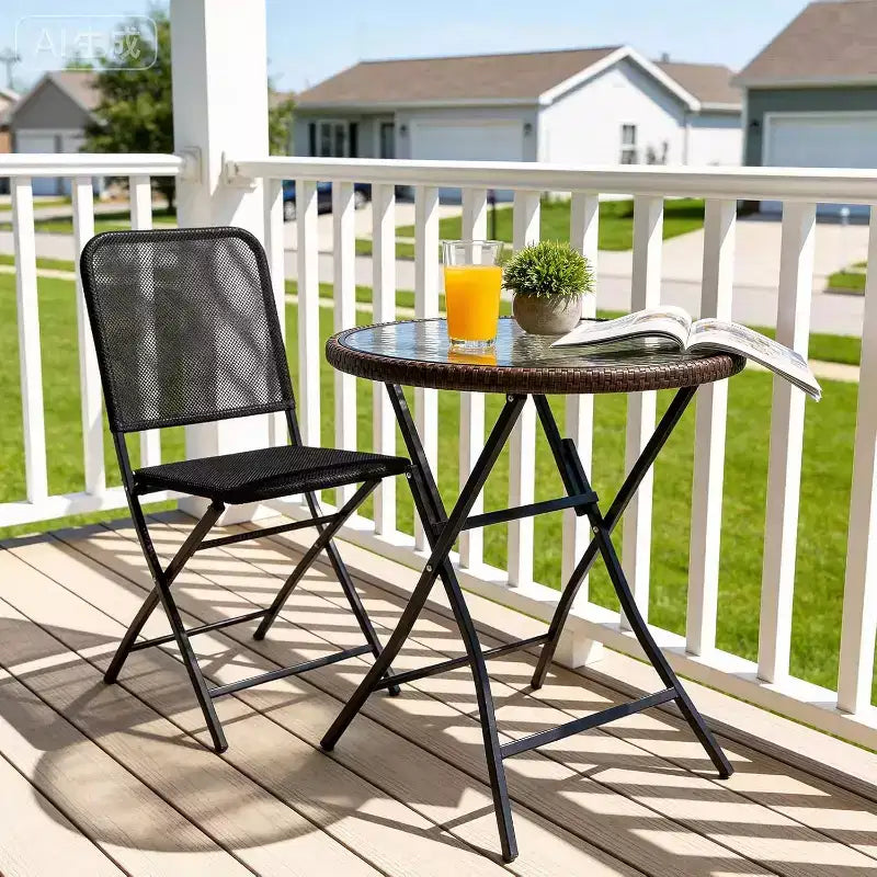 VINGLI Table d'appoint d'extérieur pliable en rotin marron moderne de 60 cm, petite table de patio avec plateau en verre trempé