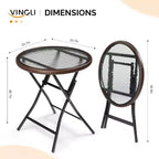 VINGLI Table d'appoint d'extérieur pliable en rotin marron moderne de 60 cm, petite table de patio avec plateau en verre trempé