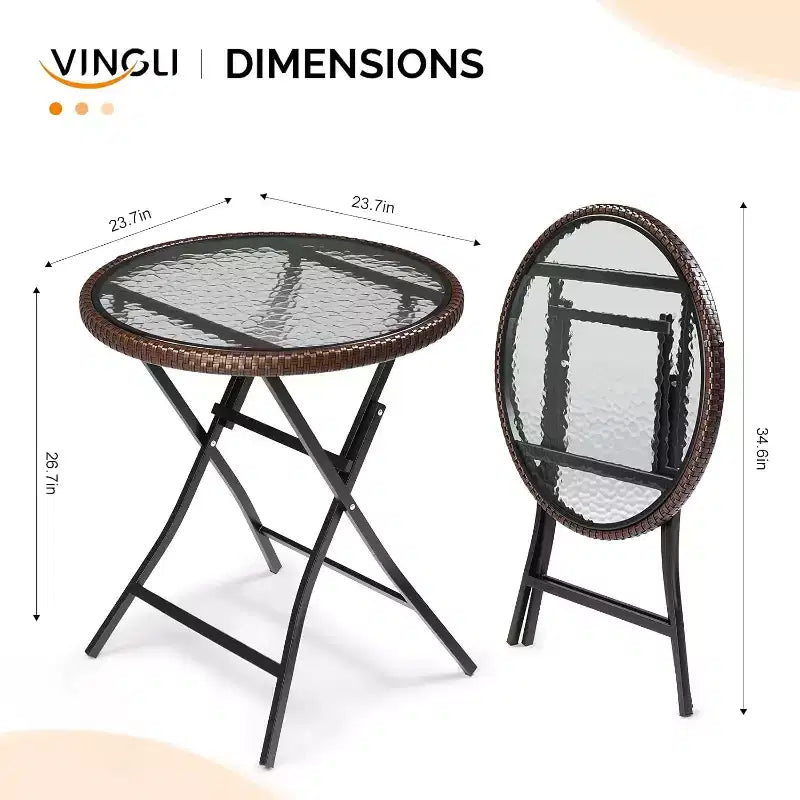 VINGLI Table d'appoint d'extérieur pliable en rotin marron moderne de 60 cm, petite table de patio avec plateau en verre trempé