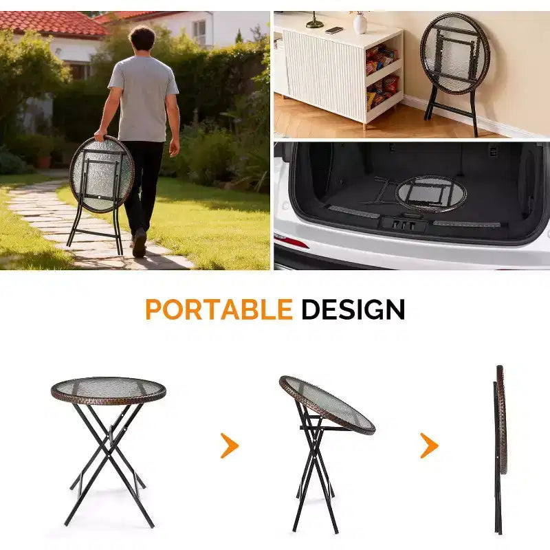 VINGLI Table d'appoint d'extérieur pliable en rotin marron moderne de 60 cm, petite table de patio avec plateau en verre trempé