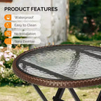 VINGLI Table d'appoint d'extérieur pliable en rotin marron moderne de 60 cm, petite table de patio avec plateau en verre trempé