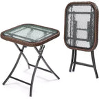 VINGLI Table d'appoint d'extérieur pliable en rotin marron moderne de 60 cm, petite table de patio avec plateau en verre trempé