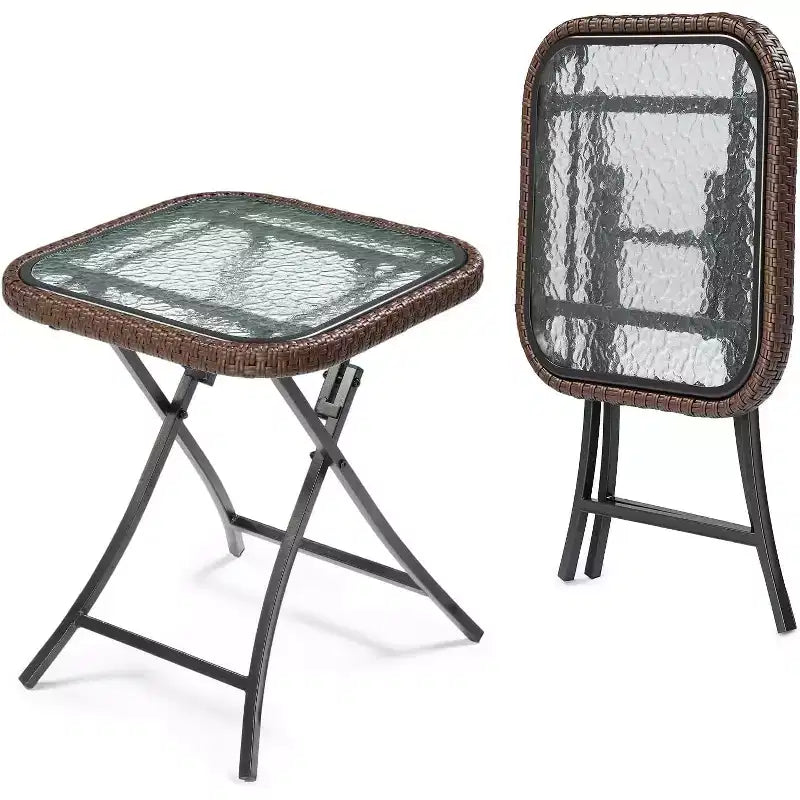 VINGLI Table d'appoint d'extérieur pliable en rotin marron moderne de 60 cm, petite table de patio avec plateau en verre trempé