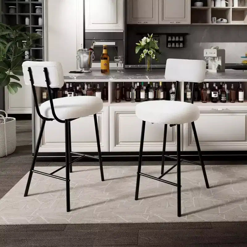 Boucle Bar Stools, 24 Counter Height Bar Chairs with Back & Footrest, Modern Upholstered Round Stools for Kitchen Island, Cafe, Beige