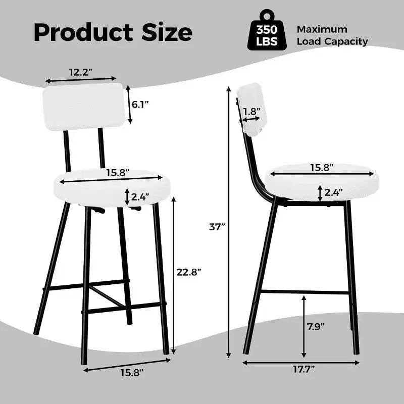 Tabourets de bar Boucle, Chaises de bar hauteur comptoir 24 po avec dossier et repose-pieds, Tabourets ronds rembourrés modernes pour îlot de cuisine, café, beige
