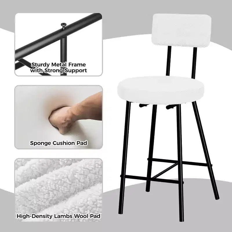 Tabourets de bar Boucle, Chaises de bar hauteur comptoir 24 po avec dossier et repose-pieds, Tabourets ronds rembourrés modernes pour îlot de cuisine, café, beige